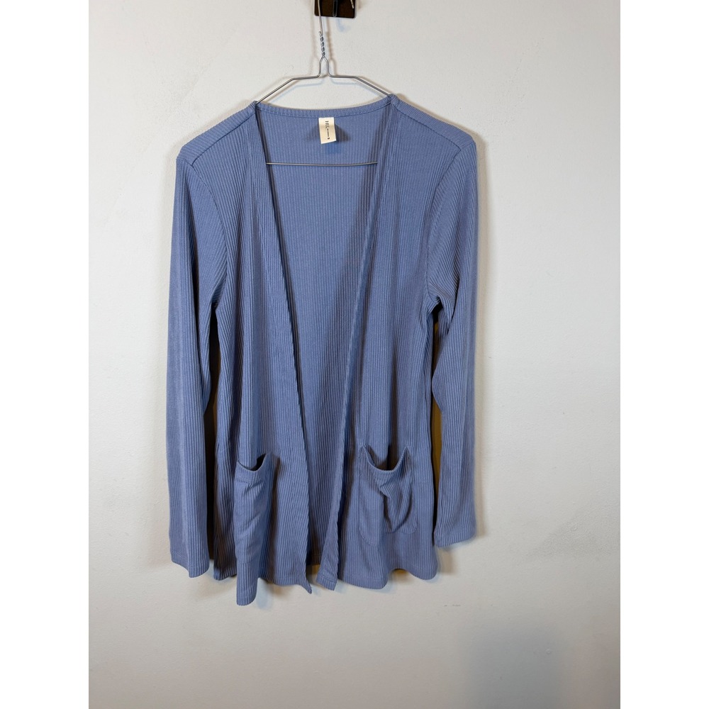 HUE Womens Cardigan Ribbed Open Front Blue Size M